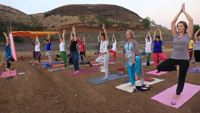 Yoga Students Preactising Natural Yoga at YogaPoint-Yoga Vidya Dham during Yoga Teacher Training Program